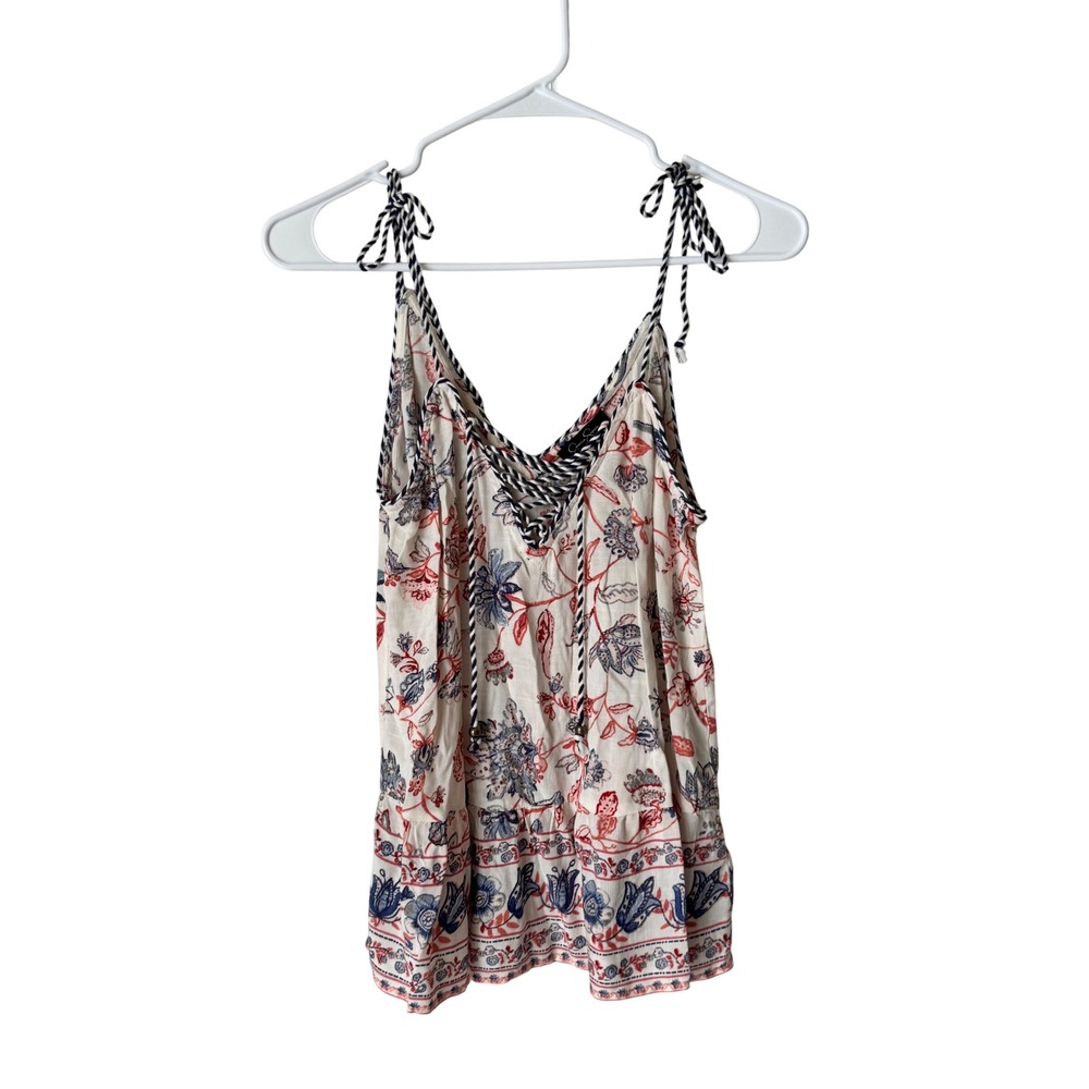 Jessica Simpson Floral Paisley Lace Up Cami Tank Top White Red Blue XS
